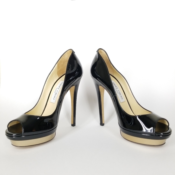 JIMMY CHOO Patent Leather Platform Heels Open Toe Stiletto Pumps Size 37 - Picture 15 of 16